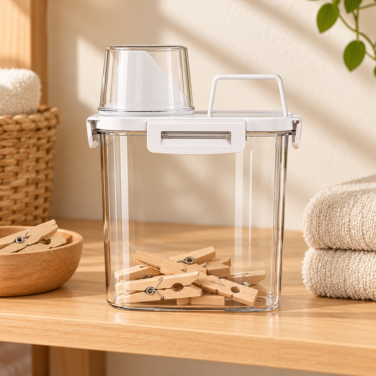 Clear Laundry Storage Container — 1.1 L in a laundry setting; styling items not included