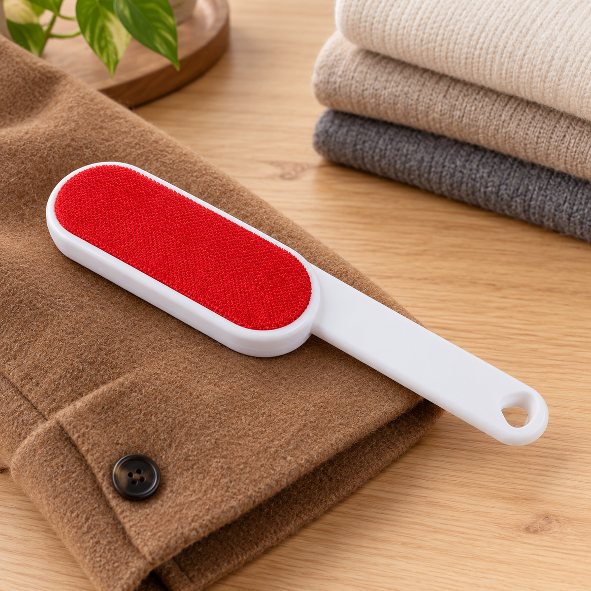 Velour lint brush on a plain brown coat; garment not included