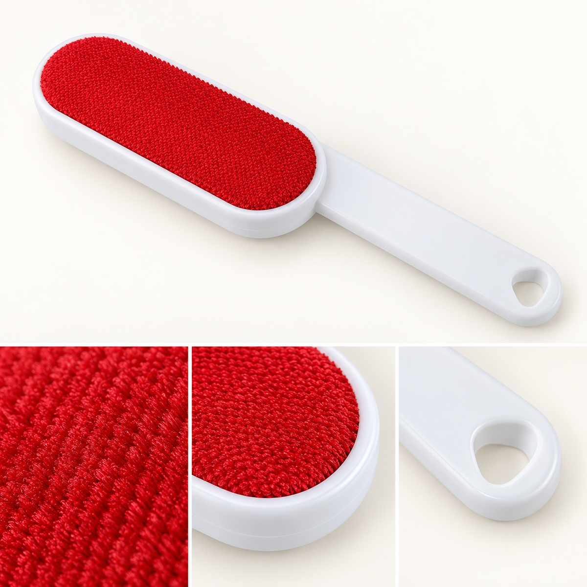 Close views of red velour texture and hanging hole