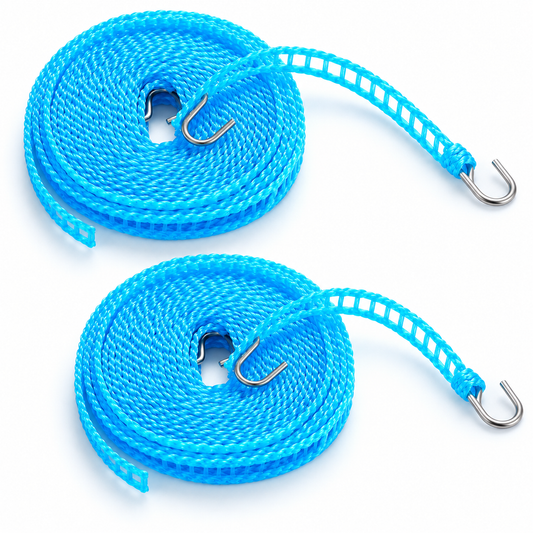 Two blue ladder-style clotheslines with two end hooks per line