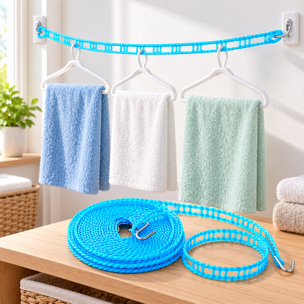 Blue clothesline with plain hangers and towels; accessories not included