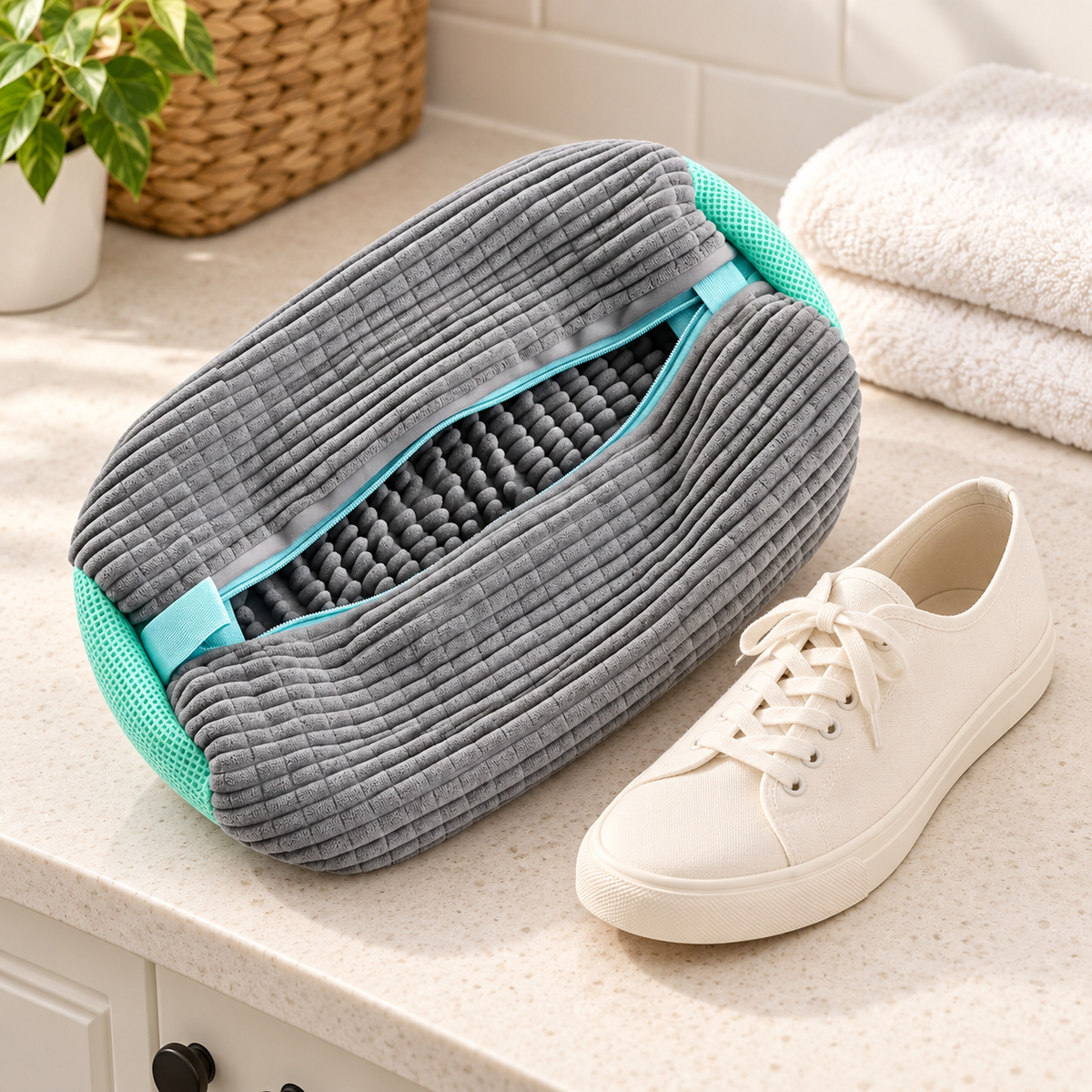 Grey Chenille Shoe Wash Bag in a laundry setting; styling items not included