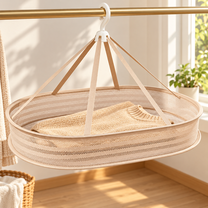 Single-Tier Oval Mesh Drying Basket used with plain laundry; styling items not included