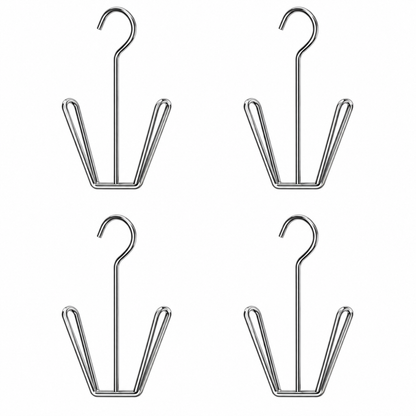 Four stainless steel shoe drying hangers without beads on a white background