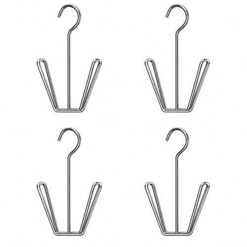 Four stainless steel shoe drying hangers without beads on a white background