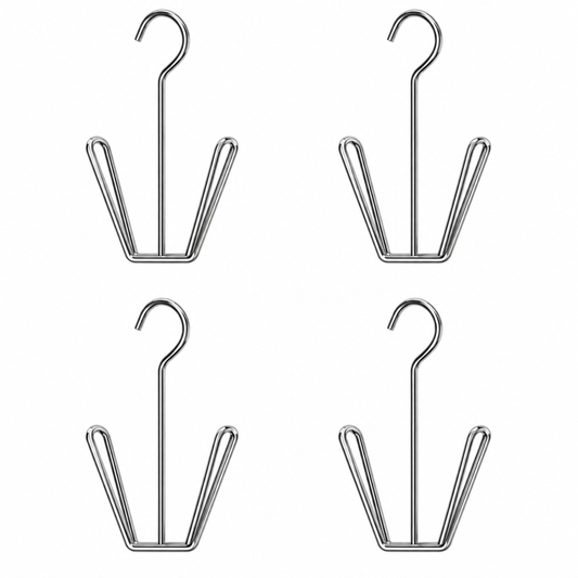 Four stainless steel shoe drying hangers without beads on a white background