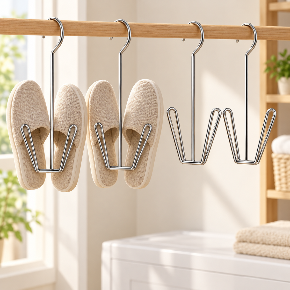 Four shoe drying hangers with two pairs of plain slippers; footwear not included