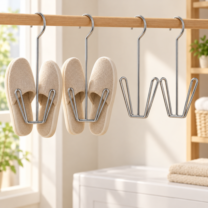 Four shoe drying hangers with two pairs of plain slippers; footwear not included