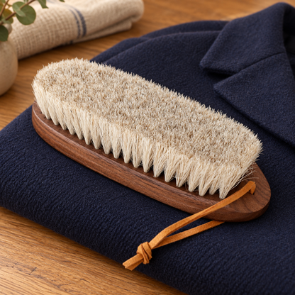 Walnut Wood Horsehair Garment Brush with unbranded fabric styling, not included