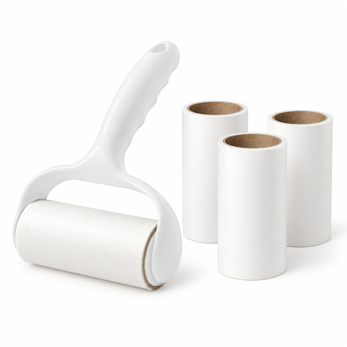 White lint roller with one installed roll and three spare rolls