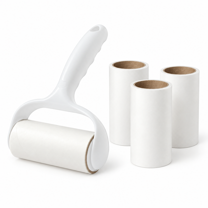 White lint roller with one installed roll and three spare rolls
