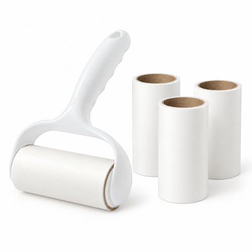 White lint roller with one installed roll and three spare rolls