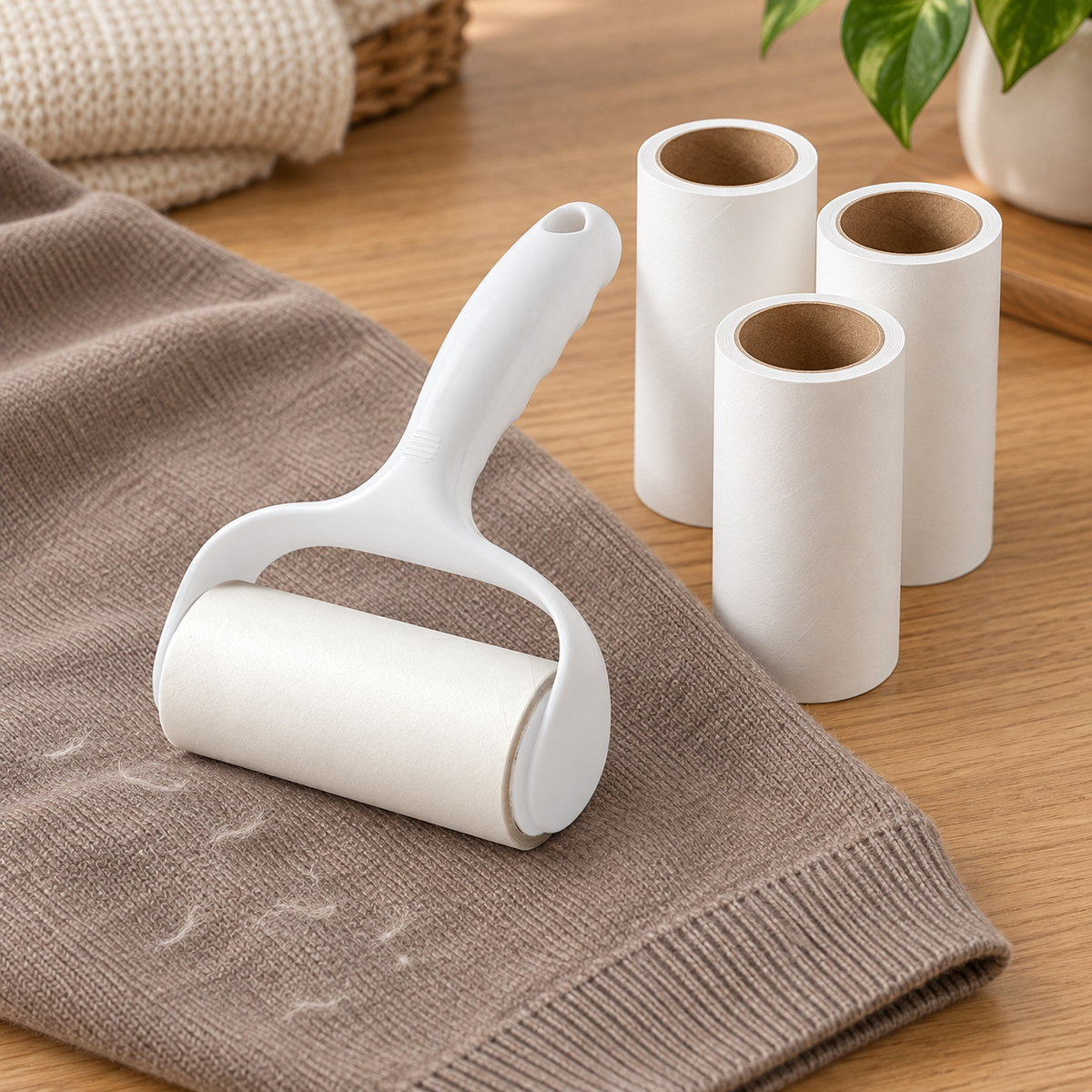 White lint roller on plain fabric; garment not included