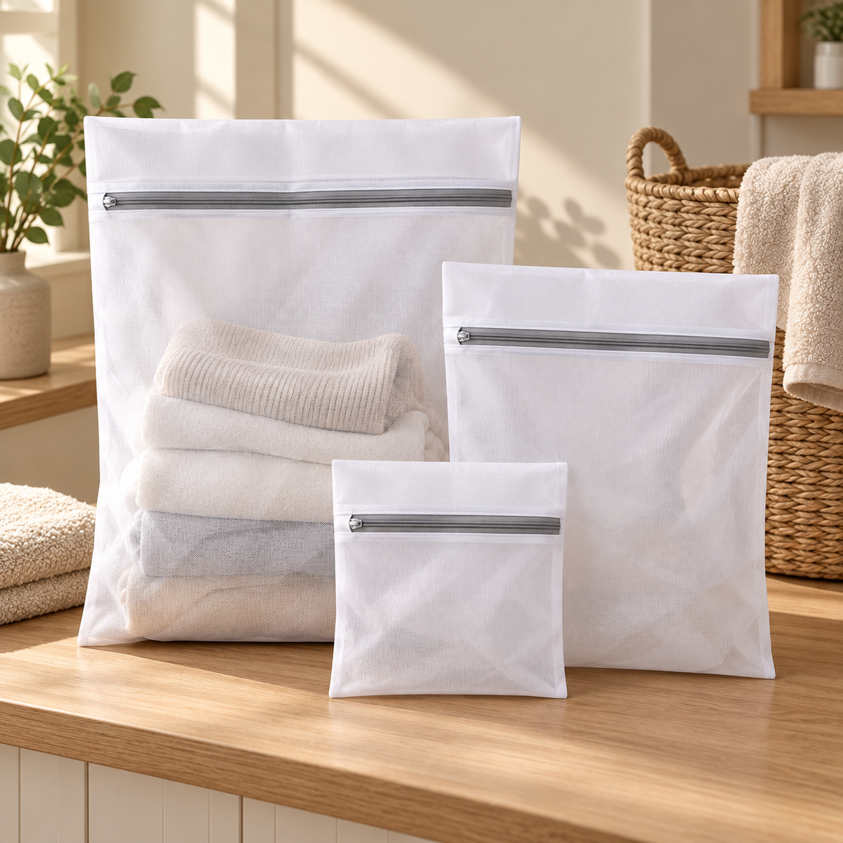 White mesh wash bags on a warm laundry countertop; fabric props not included