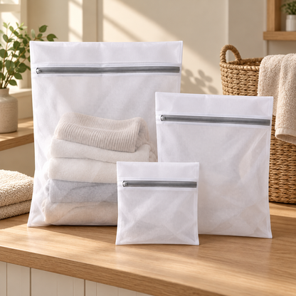 White mesh wash bags on a warm laundry countertop; fabric props not included