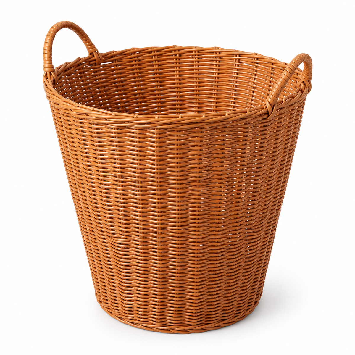 Honey-brown woven PE laundry basket with two handles