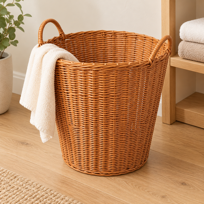 Woven PE laundry basket in a warm laundry corner; towel not included